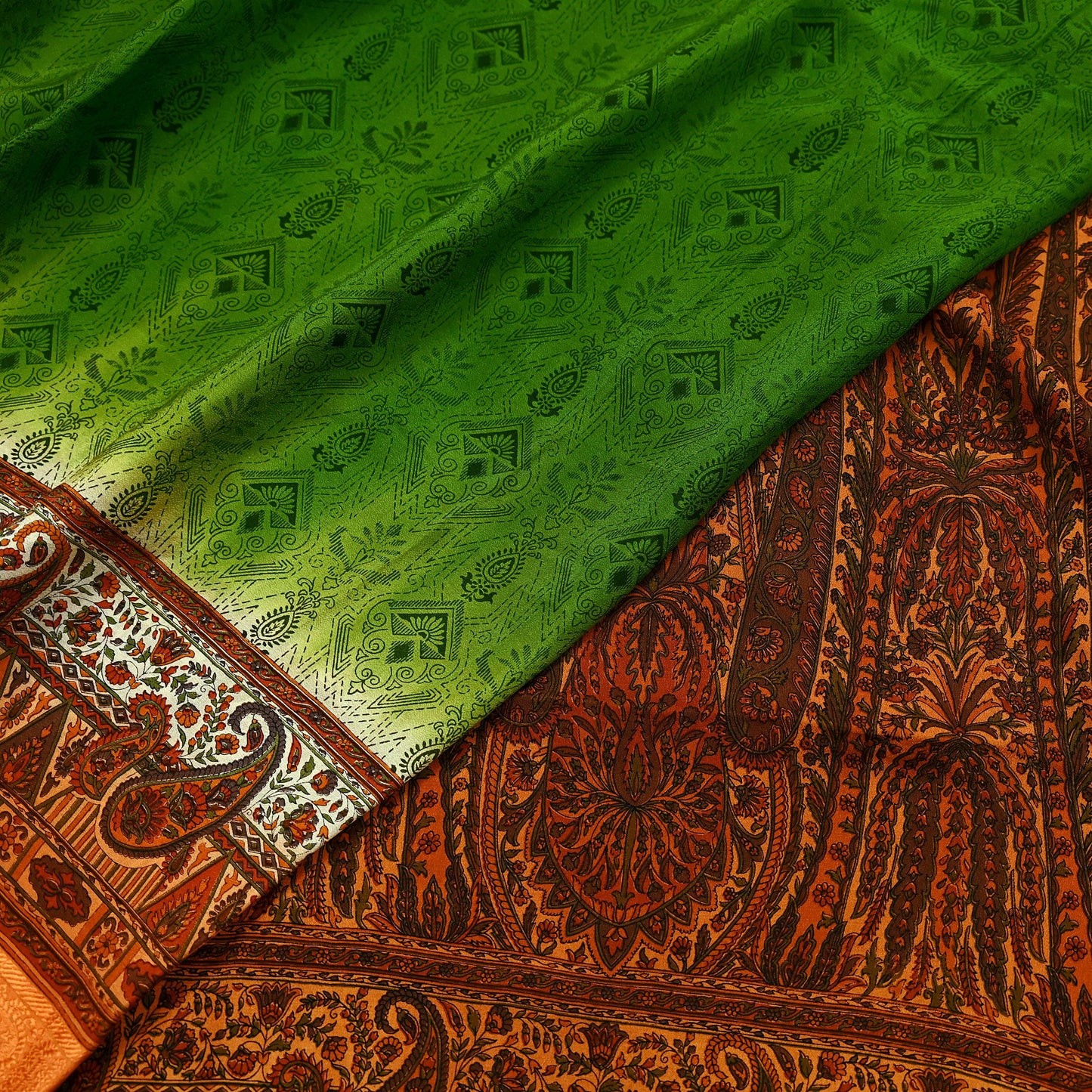 Indian Vintage Sari Green & Orange Printed Pure Silk Sarees Craft Fabric 5yd Sewing  Dress Designing for Crafting Quilting Upcycle Wrap