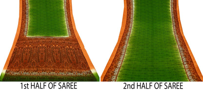 Indian Vintage Sari Green & Orange Printed Pure Silk Sarees Craft Fabric 5yd Sewing  Dress Designing for Crafting Quilting Upcycle Wrap