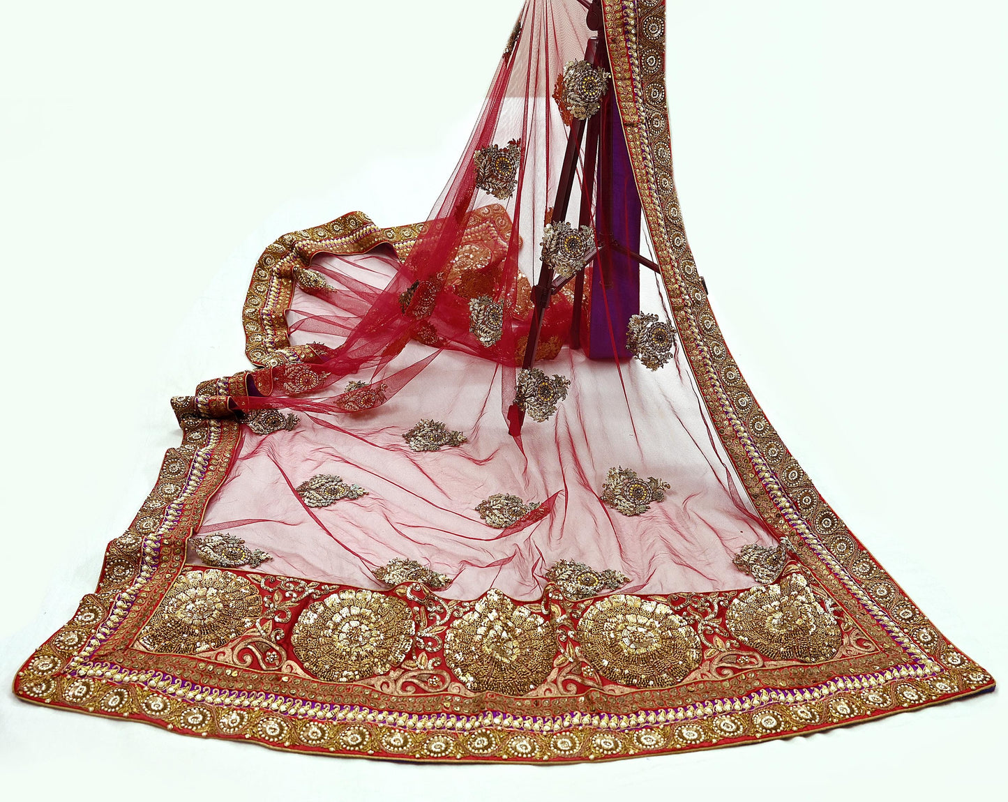 Indian Vintage Heavy Wedding Dupatta Maroon Net Long Stole Hand Embroidered By Designer Sabyasachi Scarves Zardozi Bridal Veil