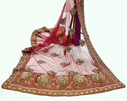 Indian Vintage Heavy Wedding Dupatta Maroon Net Long Stole Hand Embroidered By Designer Sabyasachi Scarves Zardozi Bridal Veil