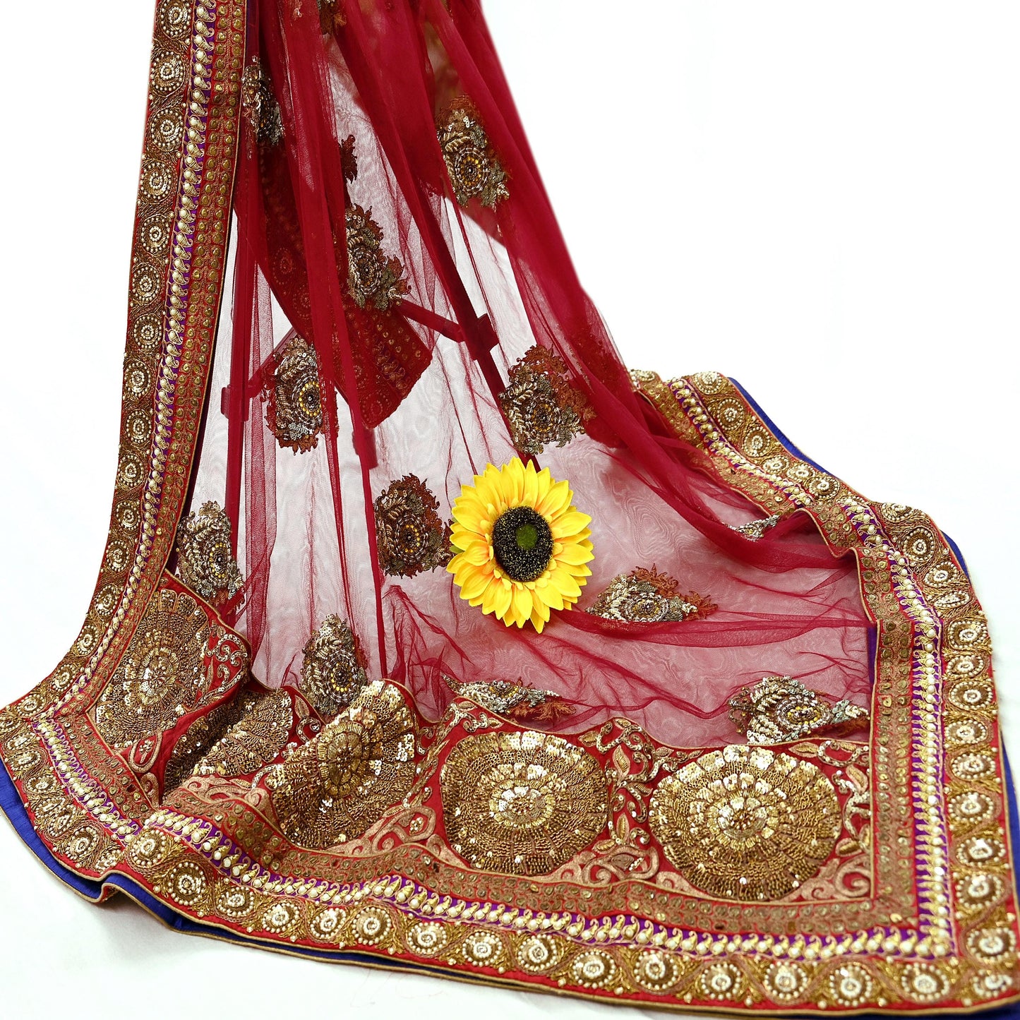 Indian Vintage Heavy Wedding Dupatta Maroon Net Long Stole Hand Embroidered By Designer Sabyasachi Scarves Zardozi Bridal Veil