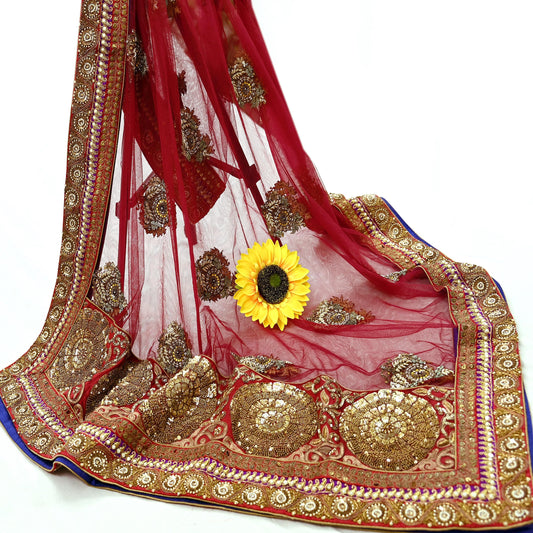 Indian Vintage Heavy Wedding Dupatta Maroon Net Long Stole Hand Embroidered By Designer Sabyasachi Scarves Zardozi Bridal Veil