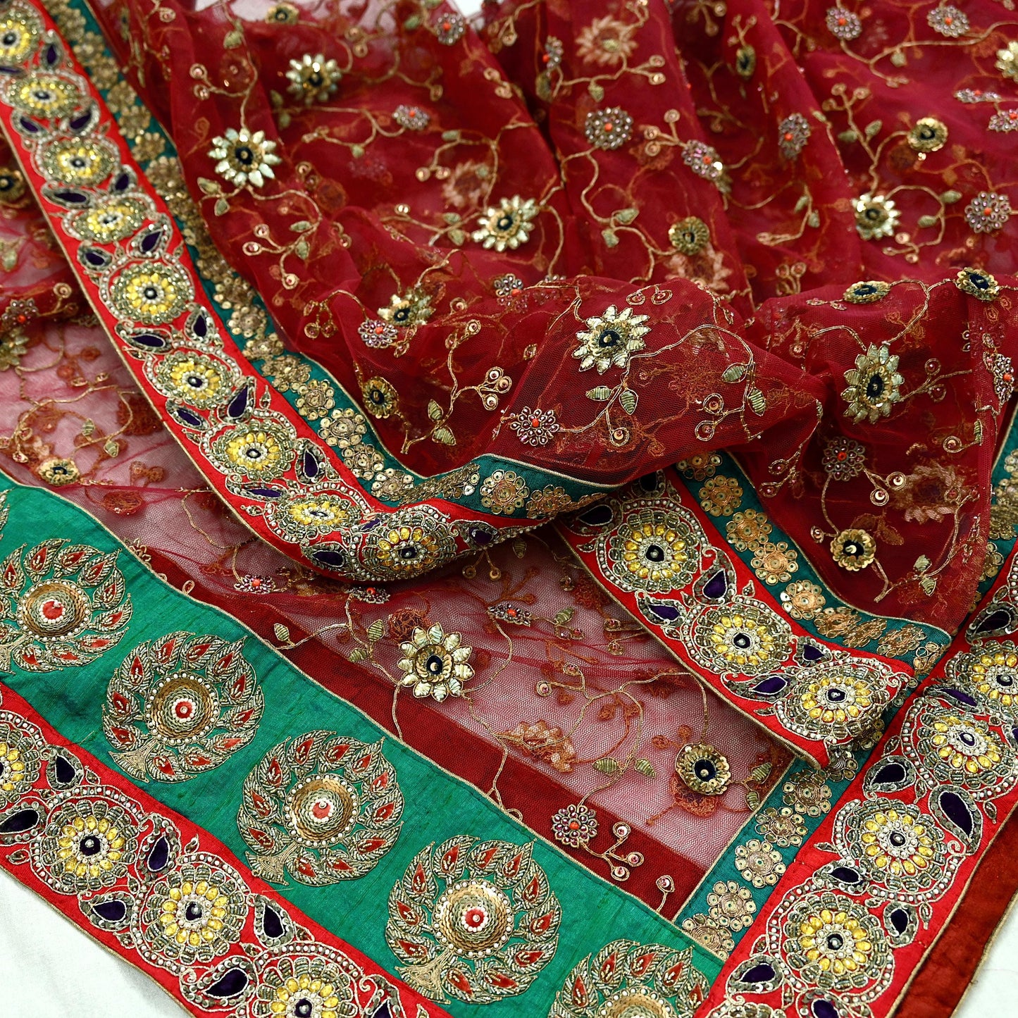 Indian Heavy Maroon Colored Pure Chanderi Silk/Net Hand Embroidered Lehenga 3pcs Set By Designer Sabyasachi Bridal Wear