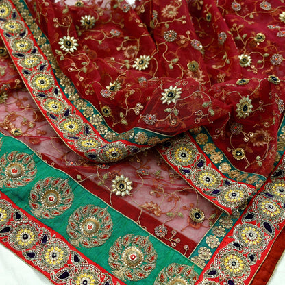 Indian Heavy Maroon Colored Pure Chanderi Silk/Net Hand Embroidered Lehenga 3pcs Set By Designer Sabyasachi Bridal Wear