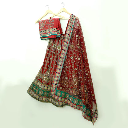 Indian Heavy Maroon Colored Pure Chanderi Silk/Net Hand Embroidered Lehenga 3pcs Set By Designer Sabyasachi Bridal Wear