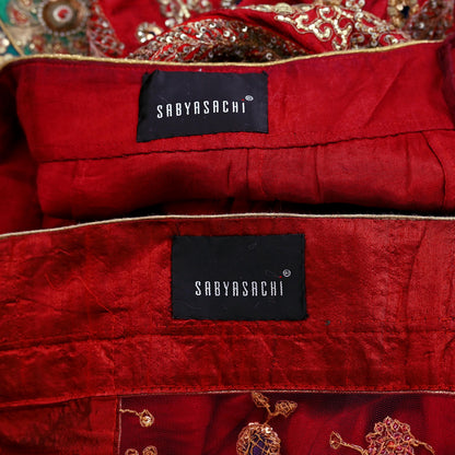 Indian Heavy Maroon Colored Pure Chanderi Silk/Net Hand Embroidered Lehenga 3pcs Set By Designer Sabyasachi Bridal Wear