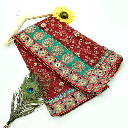 Indian Vintage Heavy Wedding Dupatta Maroon Net Long Stole Hand Embroidered By Designer Sabyasachi Scarves Zardozi Bridal Veil