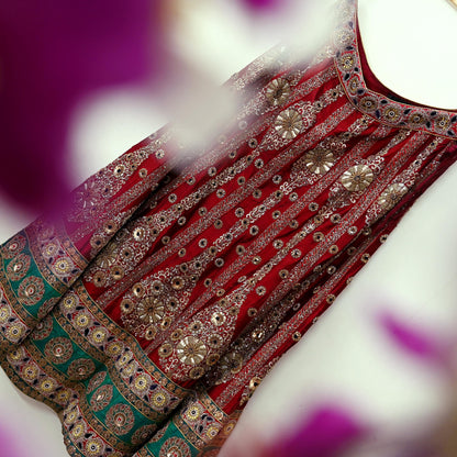 Indian Vintage Heavy Maroon Pure chanderi Silk Hand Embroidered Lehenga Skirt By Designer Sabyasachi Bridal Wear Dabka/ Zardozi