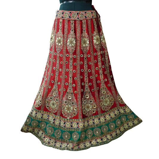 Indian Vintage Heavy Maroon Pure chanderi Silk Hand Embroidered Lehenga Skirt By Designer Sabyasachi Bridal Wear Dabka/ Zardozi