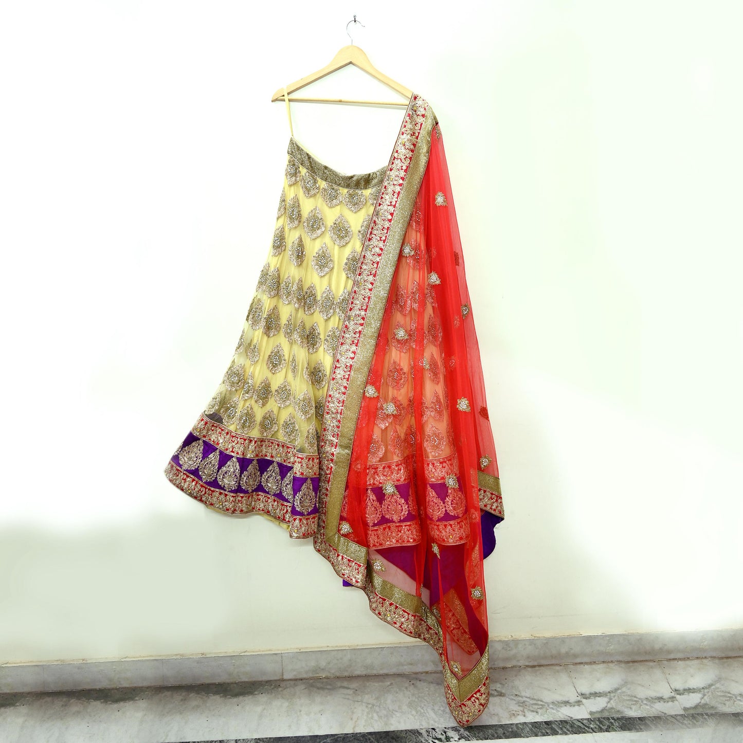 Indian Heavy Wedding Yellow & Red Net/Mesh Hand Embroidered Lehenga 2pcs Set Designer By Manish Malhotra Party Wear