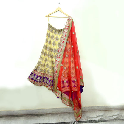 Indian Heavy Wedding Yellow & Red Net/Mesh Hand Embroidered Lehenga 2pcs Set Designer By Manish Malhotra Party Wear