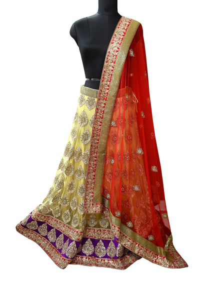 Indian Heavy Wedding Yellow & Red Net/Mesh Hand Embroidered Lehenga 2pcs Set Designer By Manish Malhotra Party Wear