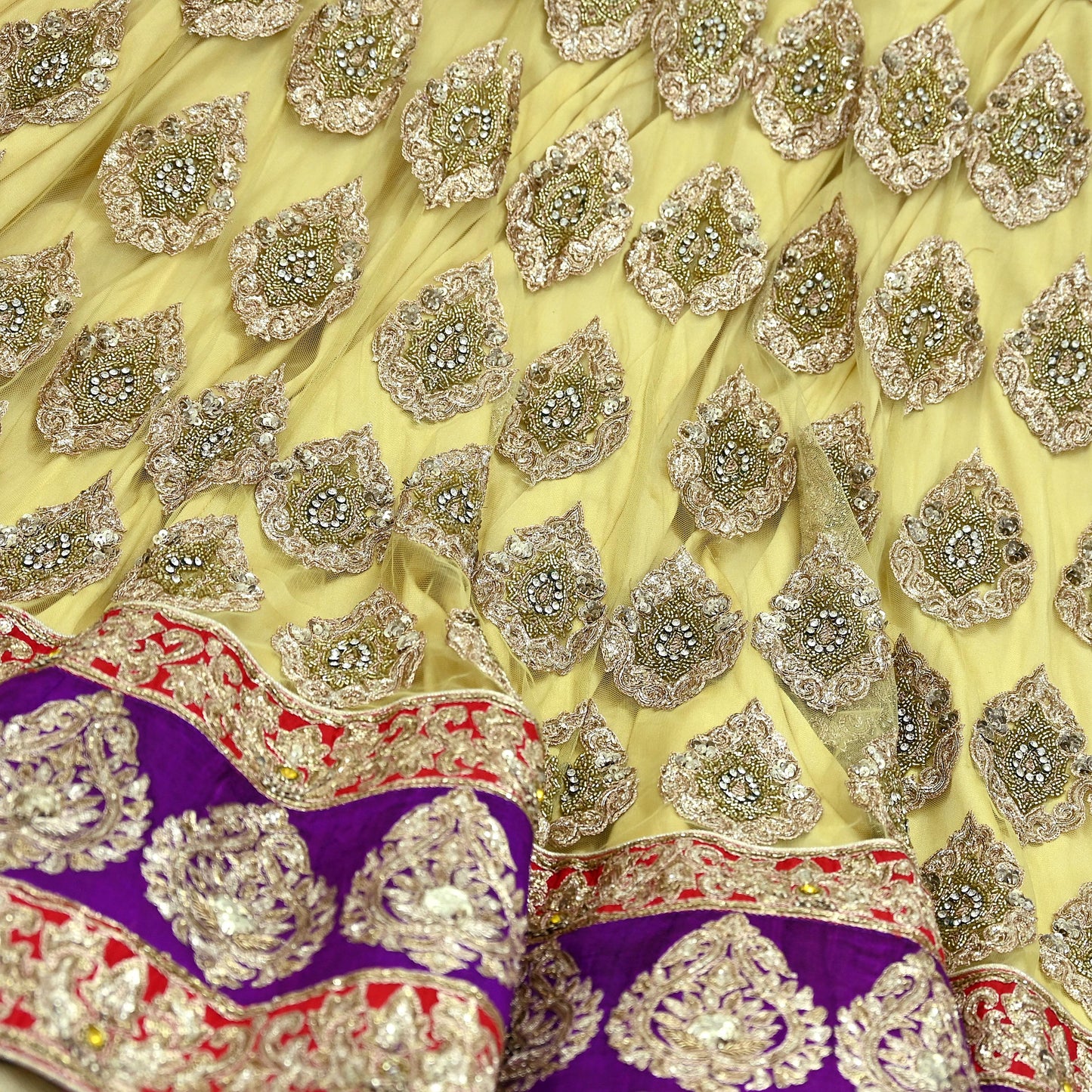 Indian Heavy Wedding Yellow & Red Net/Mesh Hand Embroidered Lehenga 2pcs Set Designer By Manish Malhotra Party Wear