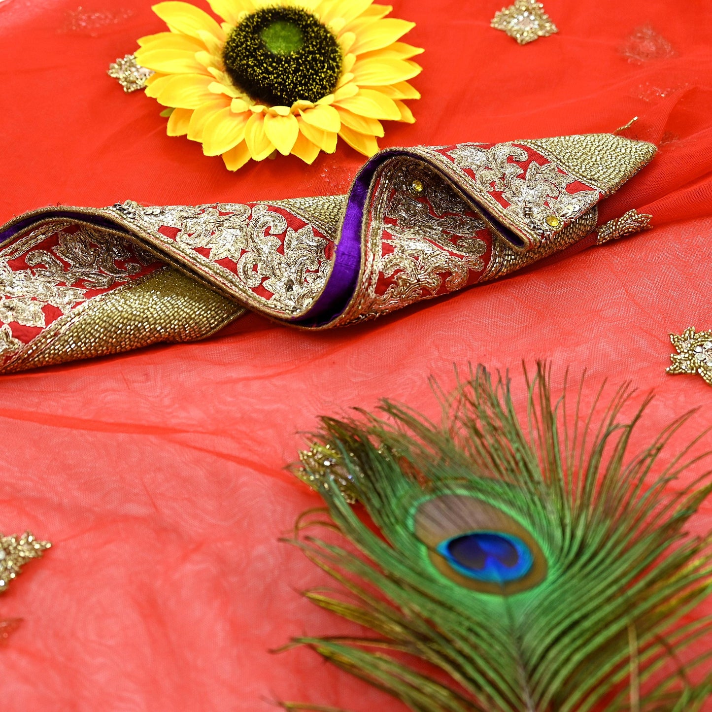 Indian Vintage Heavy Wedding Red Net/Mesh/ Velvet Hand Embroidered Dupatta Designer By Manish Malhotra Bridal Wear Zardozi Veil Hijab