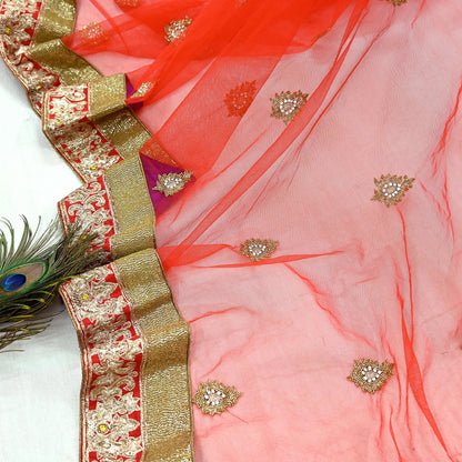 Indian Vintage Heavy Wedding Red Net/Mesh/ Velvet Hand Embroidered Dupatta Designer By Manish Malhotra Bridal Wear Zardozi Veil Hijab