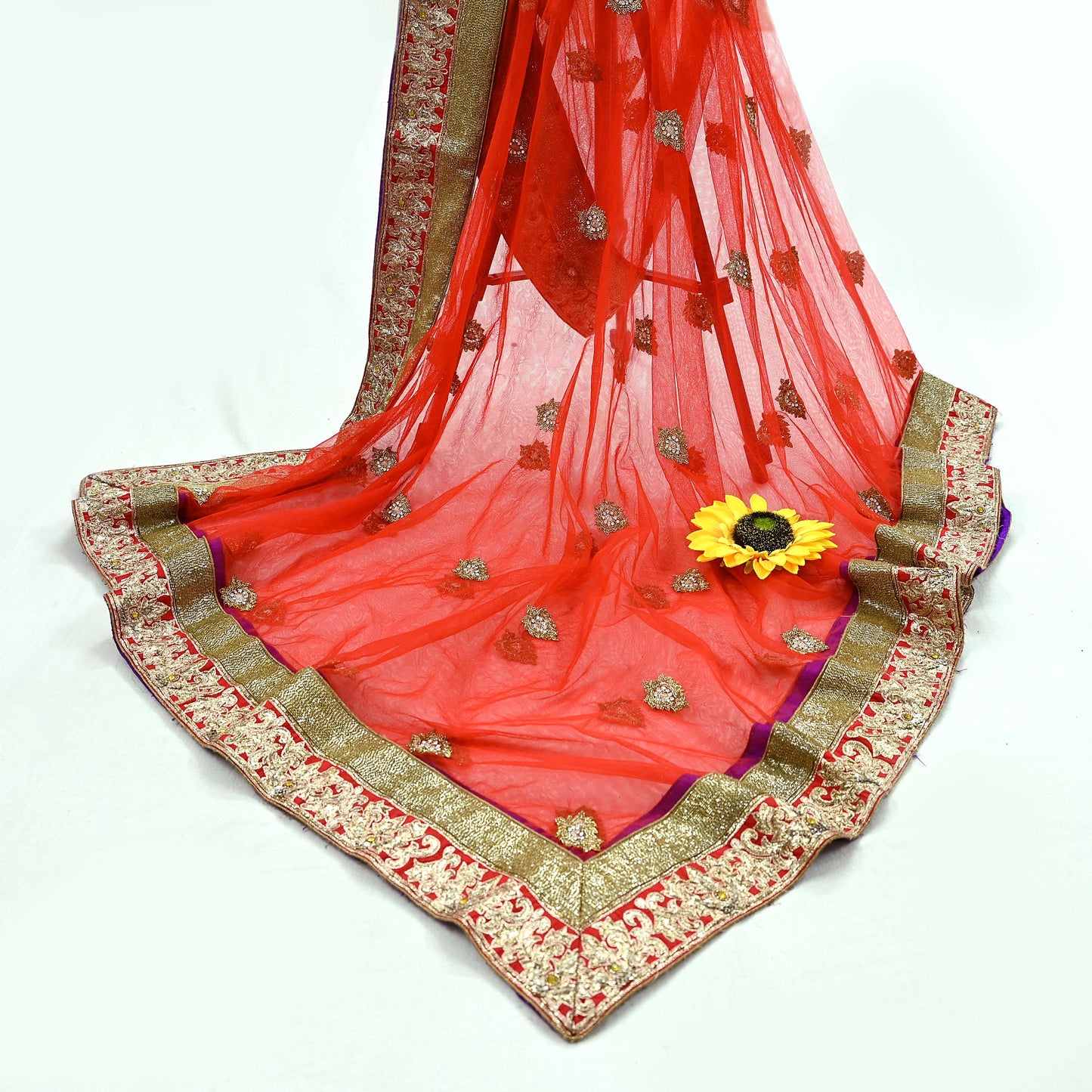 Indian Vintage Heavy Wedding Red Net/Mesh/ Velvet Hand Embroidered Dupatta Designer By Manish Malhotra Bridal Wear Zardozi Veil Hijab