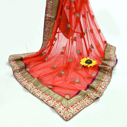 Indian Vintage Heavy Wedding Red Net/Mesh/ Velvet Hand Embroidered Dupatta Designer By Manish Malhotra Bridal Wear Zardozi Veil Hijab