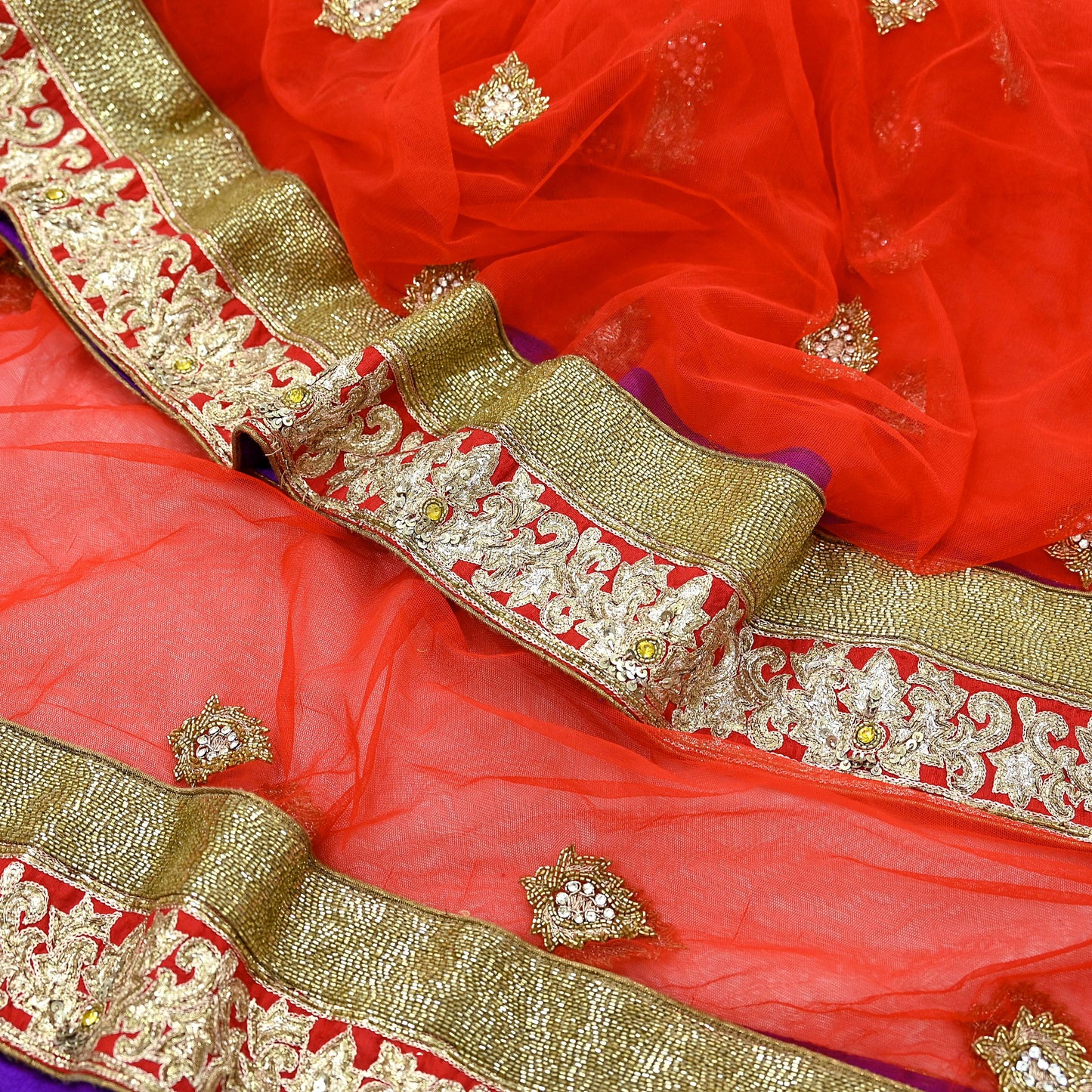 Indian Vintage Heavy Wedding Red Net/Mesh/ Velvet Hand Embroidered Dupatta Designer By Manish Malhotra Bridal Wear Zardozi Veil Hijab