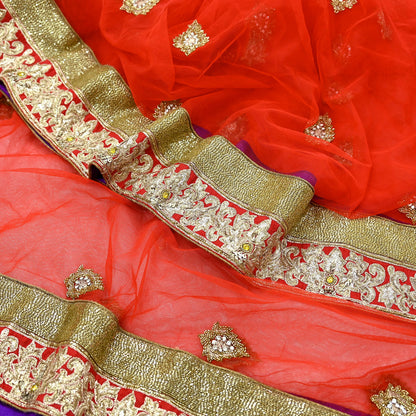 Indian Vintage Heavy Wedding Red Net/Mesh/ Velvet Hand Embroidered Dupatta Designer By Manish Malhotra Bridal Wear Zardozi Veil Hijab