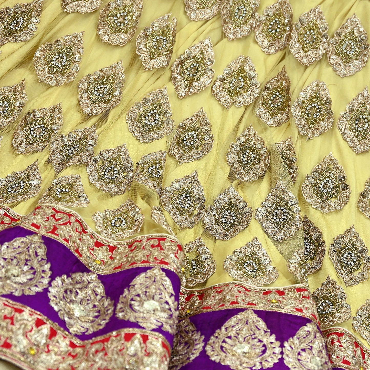 Indian Heavy Wedding Yellow Net/Mesh Hand Embroidered Lehenga/Skirt Designer By Manish Malhotra Bridal Wear Zardozi/ Dabka