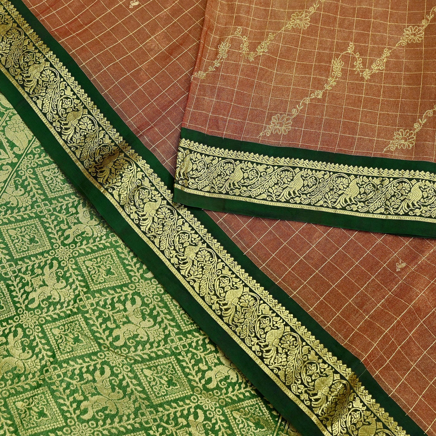 Indian Vintage Heavy Kanjivaram Saree 100% Pure Silk Sari Metallic Zari 5Yd Floral Crafting Dress making Ethnic Peacock Fringes