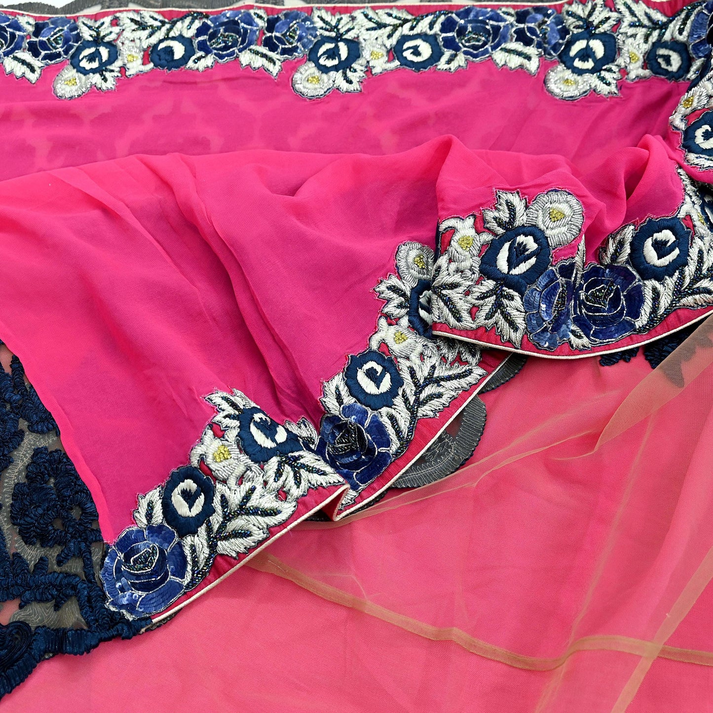 Indian Vintage Sari Pink & Beige Pure Georgette Silk/Net Hand Beaded Sarees Fabric 5Yd Sewing Ethnic Dress making Quilting Bollywood