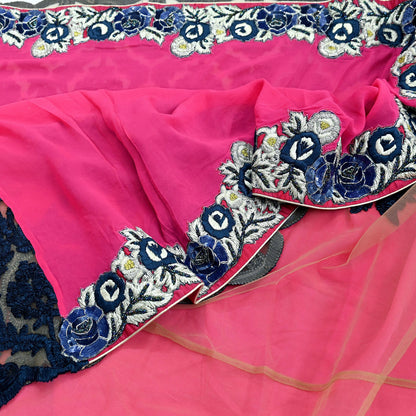 Indian Vintage Sari Pink & Beige Pure Georgette Silk/Net Hand Beaded Sarees Fabric 5Yd Sewing Ethnic Dress making Quilting Bollywood