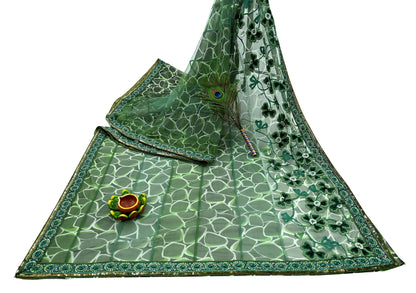 Indian Vintage Heavy Sari Green Net/Mesh Hand Embroidered Sarees Craft Fabric 5Yd Sewing Soft Zardozi Wedding sarees