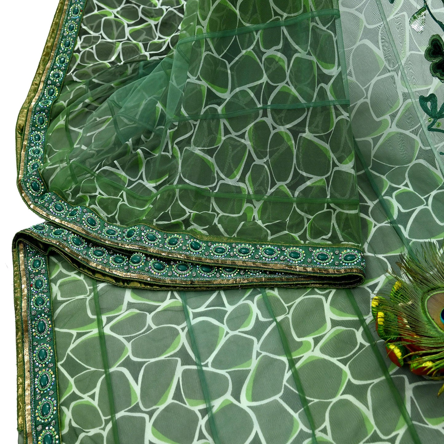 Indian Vintage Heavy Sari Green Net/Mesh Hand Embroidered Sarees Craft Fabric 5Yd Sewing Soft Zardozi Wedding sarees