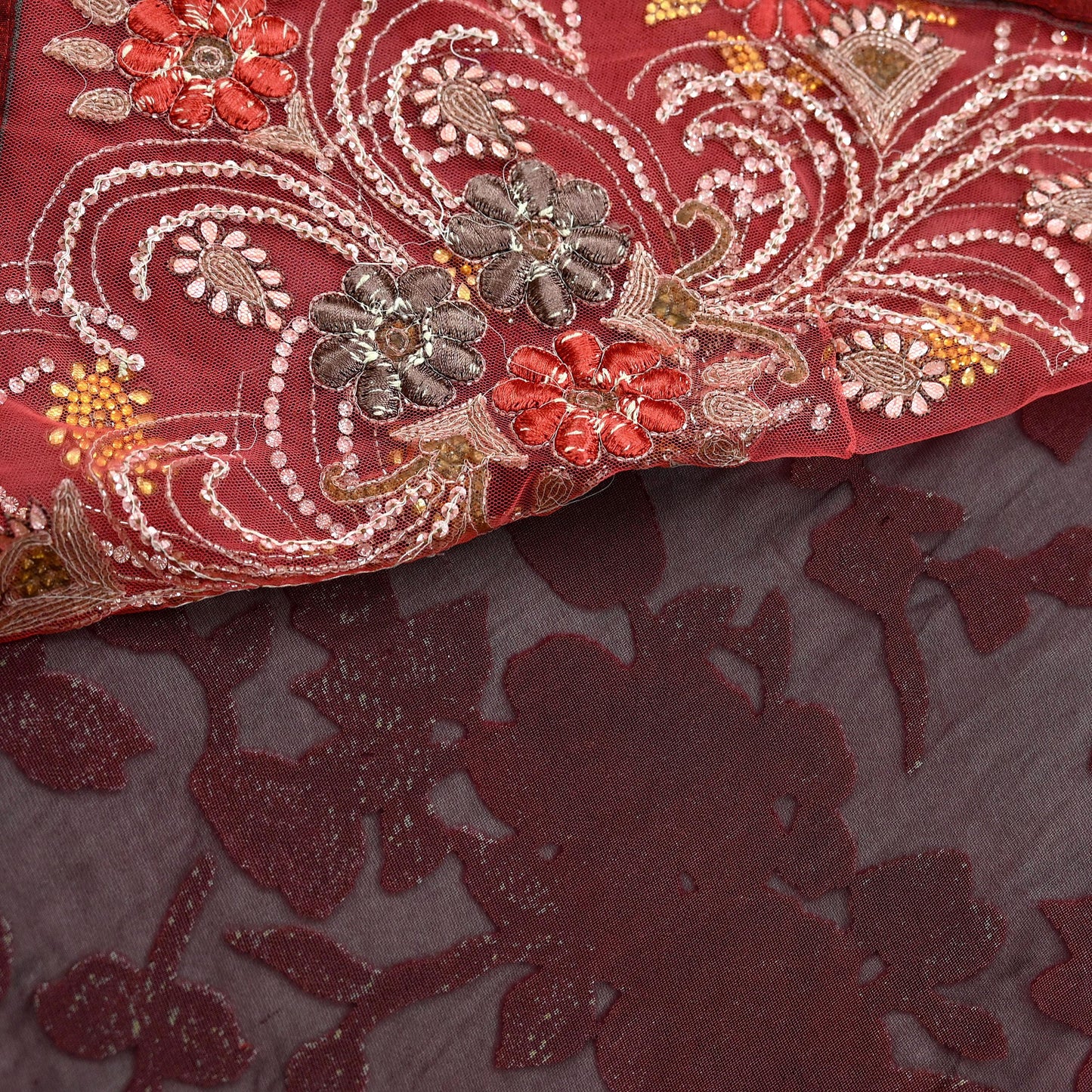 Indian Vintage Sari Peach & Brown Brasso/Net Hand Beaded Sarees Fabric 6-Yards Sewing Ethnic Dress making Quilting Bollywood saree