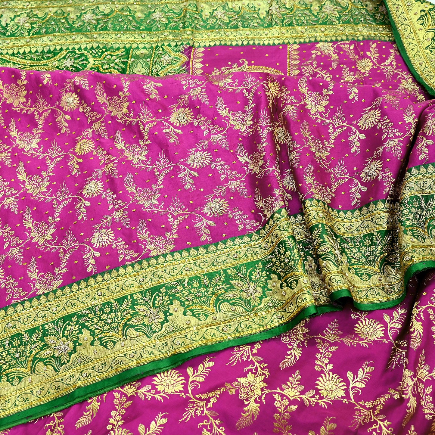 Indian Vintage Pink & Green Heavy Wedding Saree Pure Satin Silk Hand Embroidered Banarsi Brocade Sari Zari/Zardozi/Dabka 5Yd Dressmaking