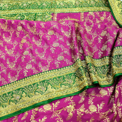 Indian Vintage Pink & Green Heavy Wedding Saree Pure Satin Silk Hand Embroidered Banarsi Brocade Sari Zari/Zardozi/Dabka 5Yd Dressmaking