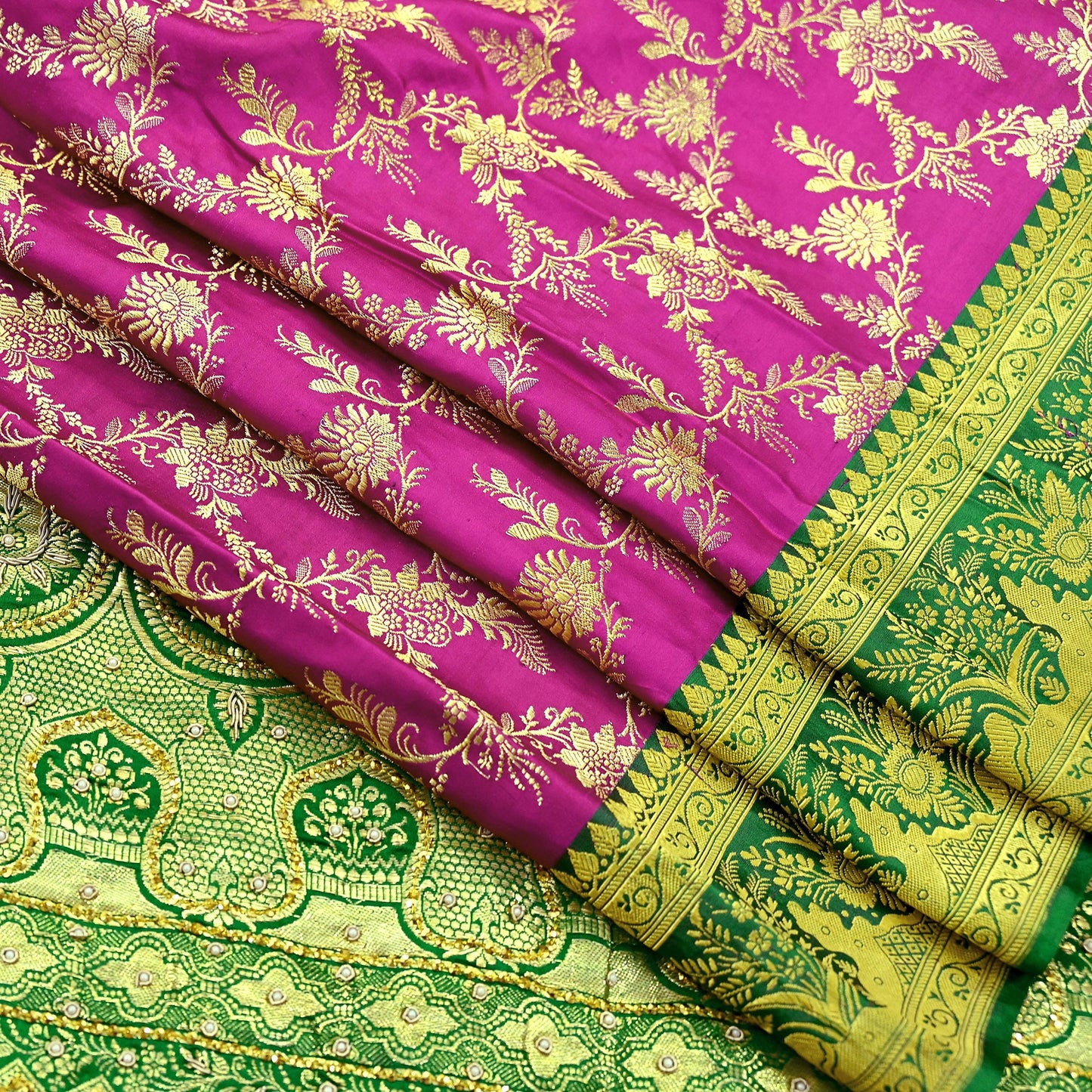 Indian Vintage Pink & Green Heavy Wedding Saree Pure Satin Silk Hand Embroidered Banarsi Brocade Sari Zari/Zardozi/Dabka 5Yd Dressmaking