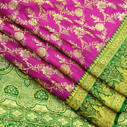 Indian Vintage Pink & Green Heavy Wedding Saree Pure Satin Silk Hand Embroidered Banarsi Brocade Sari Zari/Zardozi/Dabka 5Yd Dressmaking
