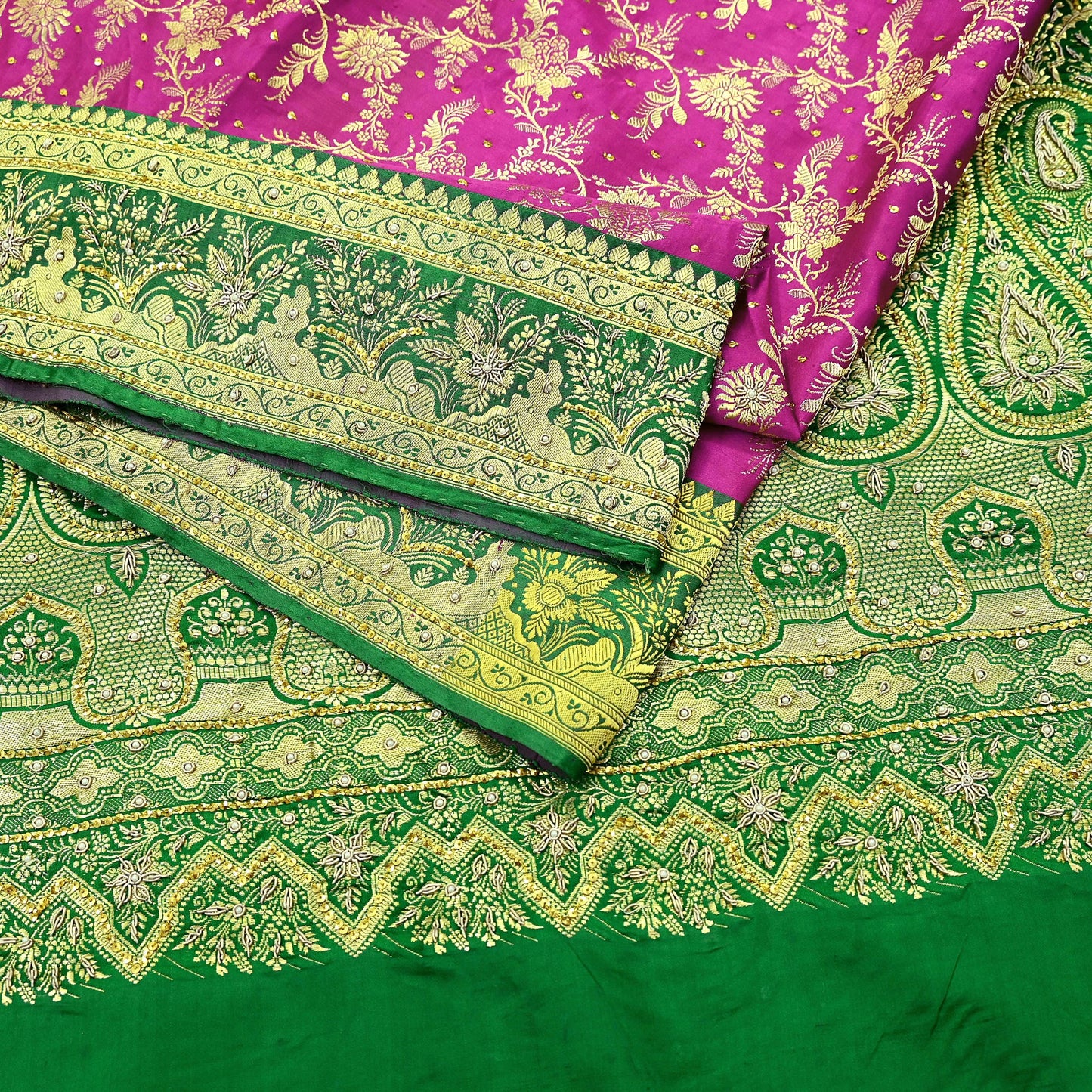 Indian Vintage Pink & Green Heavy Wedding Saree Pure Satin Silk Hand Embroidered Banarsi Brocade Sari Zari/Zardozi/Dabka 5Yd Dressmaking