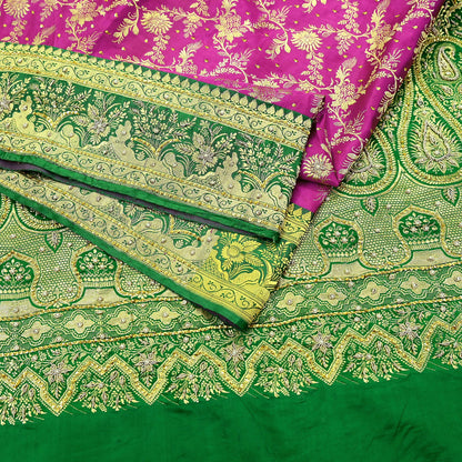 Indian Vintage Pink & Green Heavy Wedding Saree Pure Satin Silk Hand Embroidered Banarsi Brocade Sari Zari/Zardozi/Dabka 5Yd Dressmaking