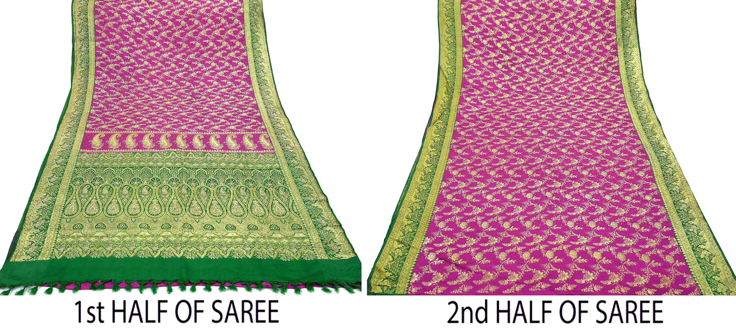 Indian Vintage Pink & Green Heavy Wedding Saree Pure Satin Silk Hand Embroidered Banarsi Brocade Sari Zari/Zardozi/Dabka 5Yd Dressmaking