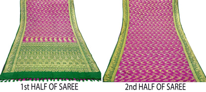 Indian Vintage Pink & Green Heavy Wedding Saree Pure Satin Silk Hand Embroidered Banarsi Brocade Sari Zari/Zardozi/Dabka 5Yd Dressmaking