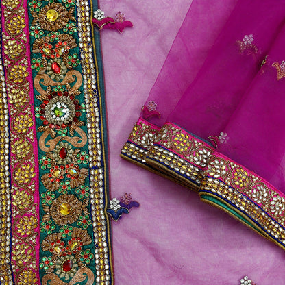 Indian Vintage Heavy Wedding Purple Dupatta Net Mesh Long Stole Hand Embroidered Scarves Golden Zardozi Dabka Zari Stole