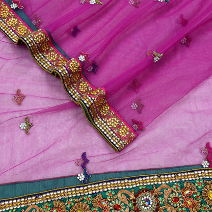 Indian Vintage Heavy Wedding Purple Dupatta Net Mesh Long Stole Hand Embroidered Scarves Golden Zardozi Dabka Zari Stole