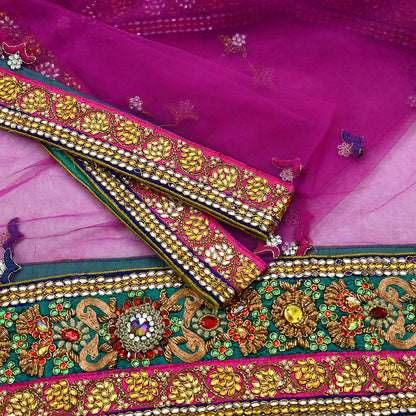 Indian Vintage Heavy Wedding Purple Dupatta Net Mesh Long Stole Hand Embroidered Scarves Golden Zardozi Dabka Zari Stole