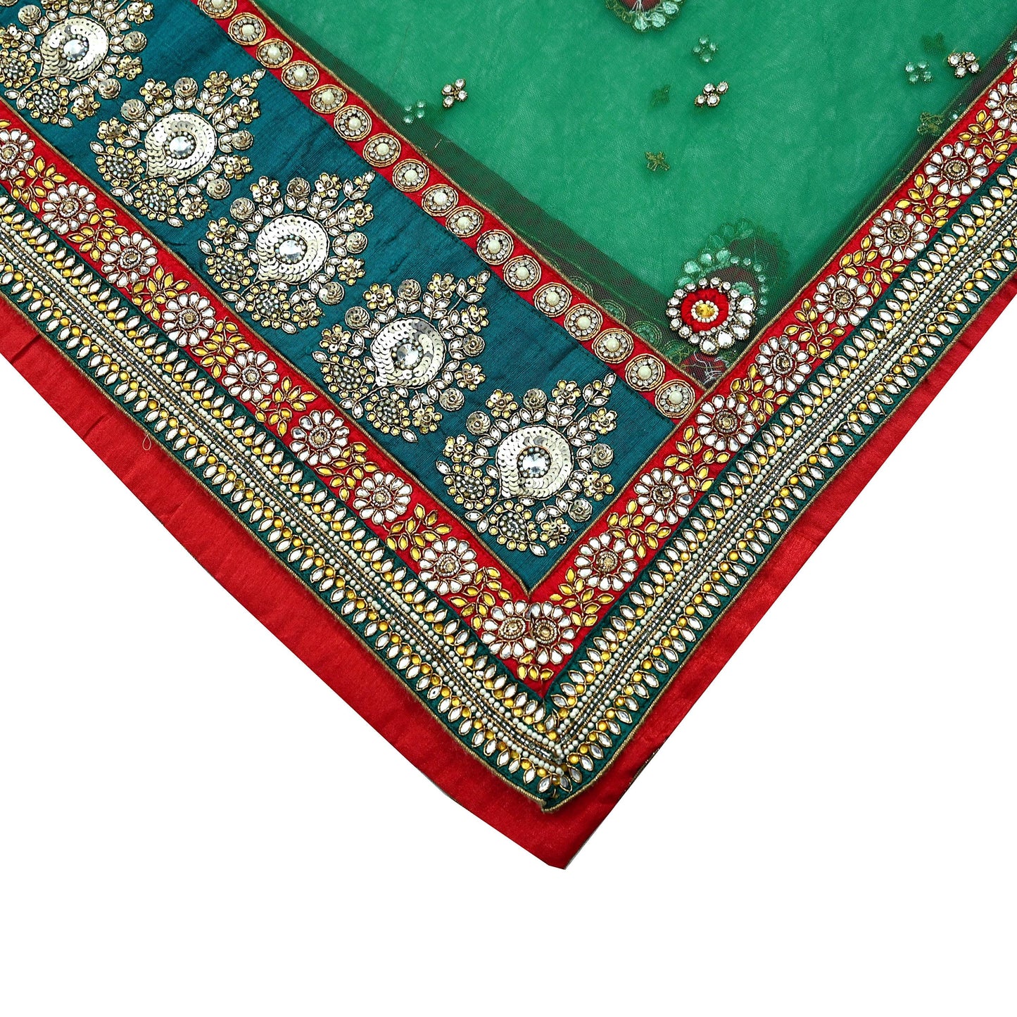 Indian Vintage Heavy Bridal Green Net Dupatta Hand Embroidered Zardozi Zari Sequins Stole Floral Design Hijab Veil Wedding/Party Wear
