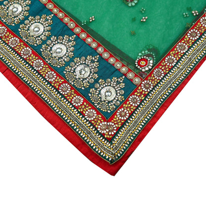 Indian Vintage Heavy Bridal Green Net Dupatta Hand Embroidered Zardozi Zari Sequins Stole Floral Design Hijab Veil Wedding/Party Wear
