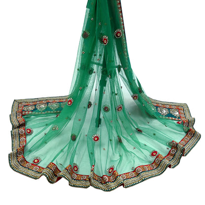 Indian Vintage Heavy Bridal Green Net Dupatta Hand Embroidered Zardozi Zari Sequins Stole Floral Design Hijab Veil Wedding/Party Wear