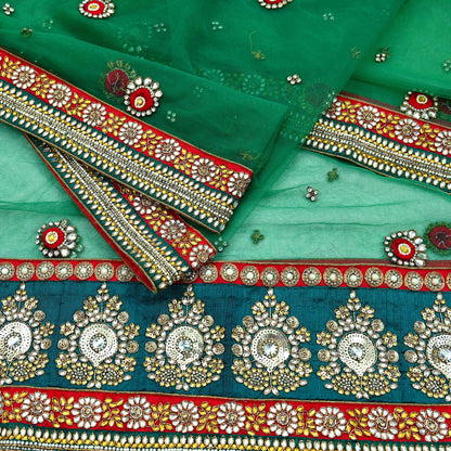 Indian Vintage Heavy Bridal Green Net Dupatta Hand Embroidered Zardozi Zari Sequins Stole Floral Design Hijab Veil Wedding/Party Wear
