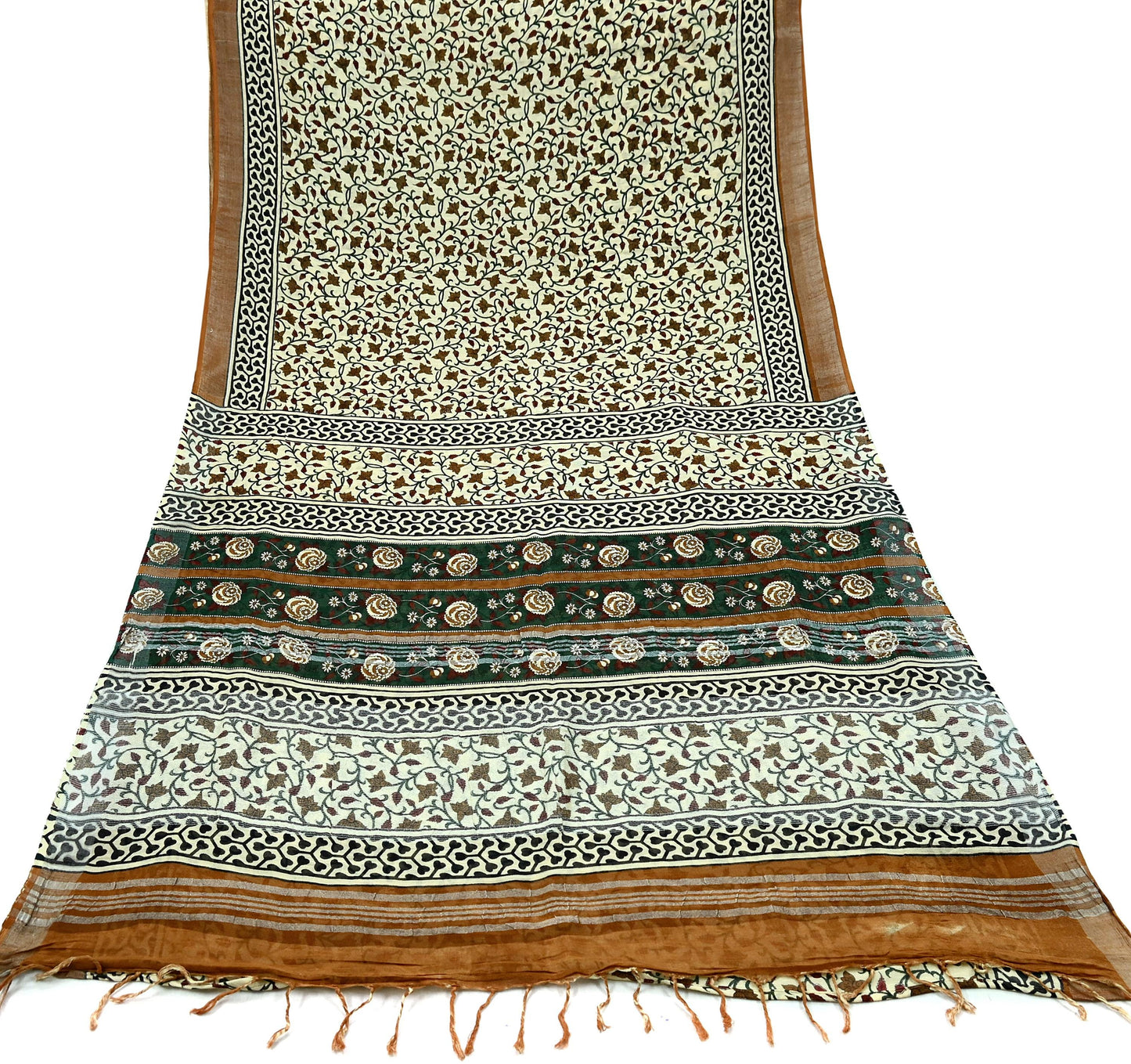 Indian Vintage Beige Sari Printed Pure Cotton Saree Craft Fabric 5Yd Soft Sewing Sarong Wrap Boho Fringes Dress making Crafting Quilting