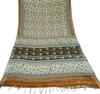 Indian Vintage Beige Sari Printed Pure Cotton Saree Craft Fabric 5Yd Soft Sewing Sarong Wrap Boho Fringes Dress making Crafting Quilting