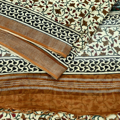 Indian Vintage Beige Sari Printed Pure Cotton Saree Craft Fabric 5Yd Soft Sewing Sarong Wrap Boho Fringes Dress making Crafting Quilting