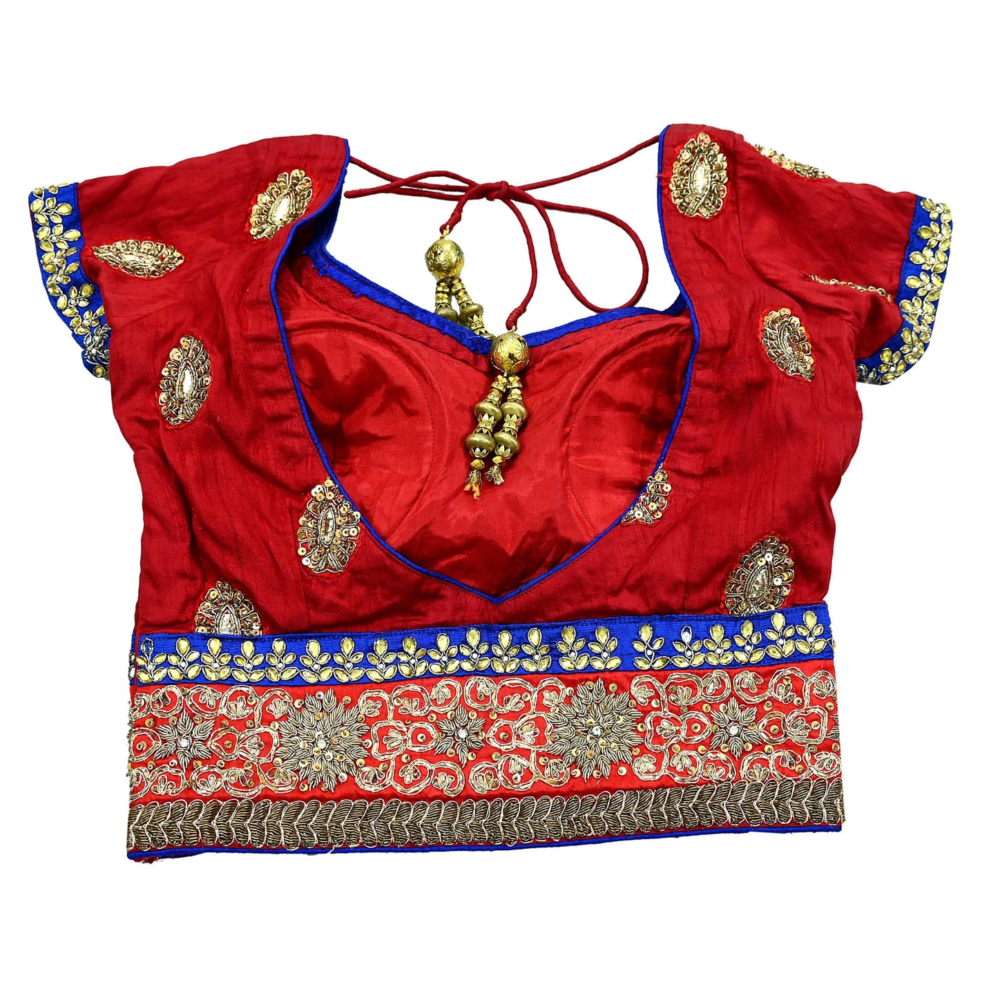 Indian Pre-owned Heavy Red & Blue Pure Chanderi Silk/Net Hand Embroidered Lehenga 3pcs Set By Designer Sabyasachi Bridal Wear With Blouse