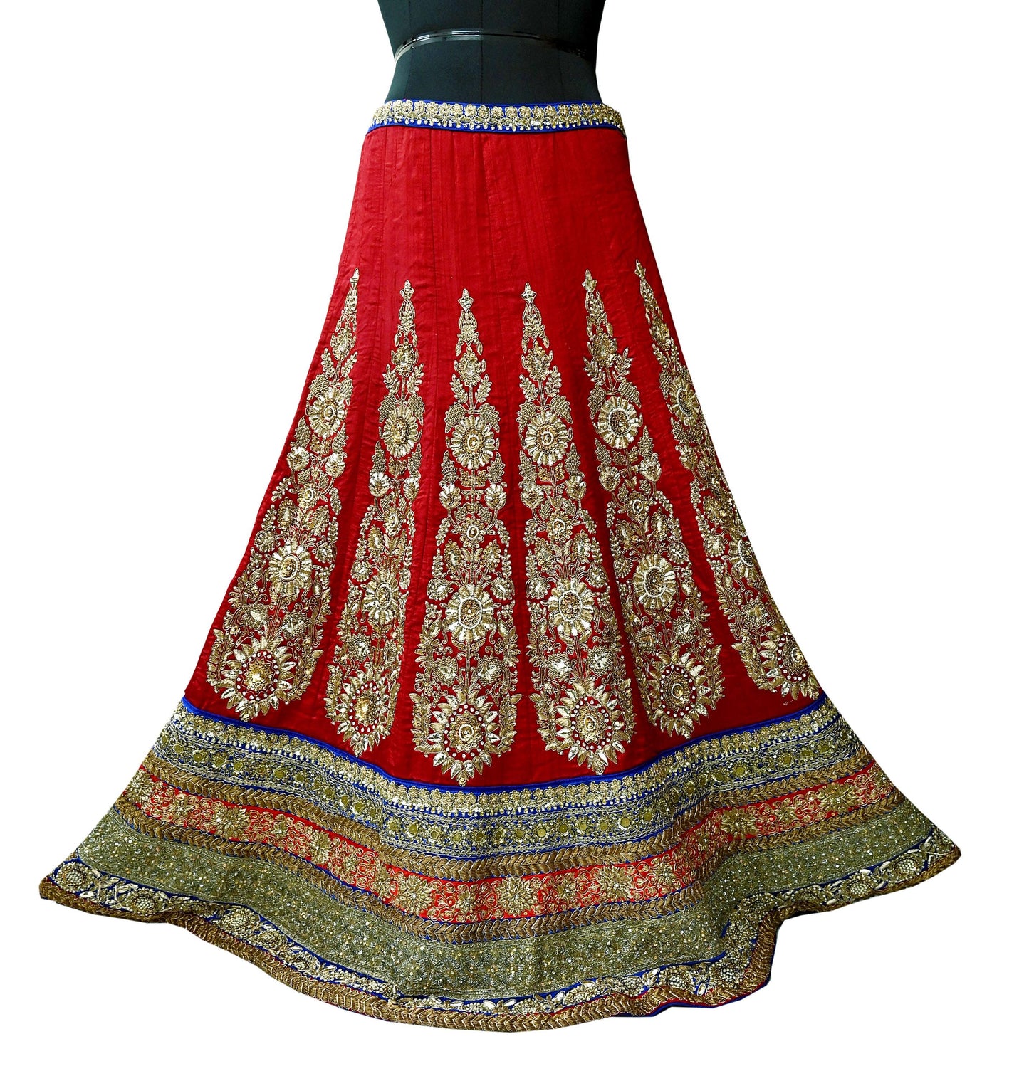 Indian Pre-owned Heavy Red & Blue Pure Chanderi Silk/Net Hand Embroidered Lehenga 3pcs Set By Designer Sabyasachi Bridal Wear With Blouse